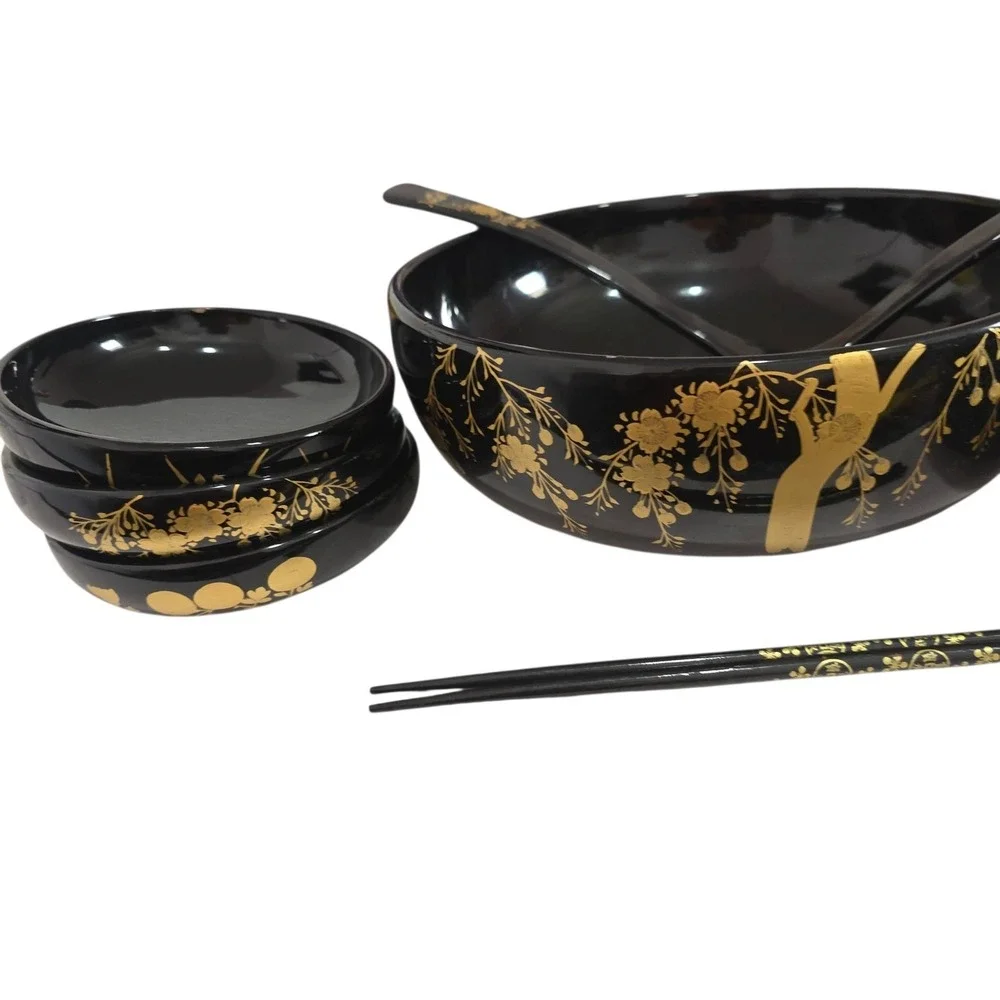 Vintage Japanese Black Gold Lacquer Salad Bowl Set 9 Pc Cherry Blossom Serving